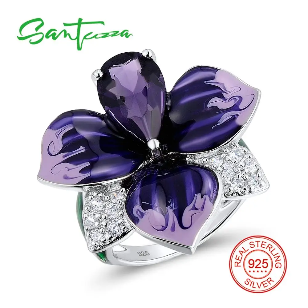 Серебряное кольцо для женщин SANTUZZA, Настоящее серебро 925 пробы, очаровательное большое фиолетовое цветочное модное ювелирное изделие ручной работы с эмалью