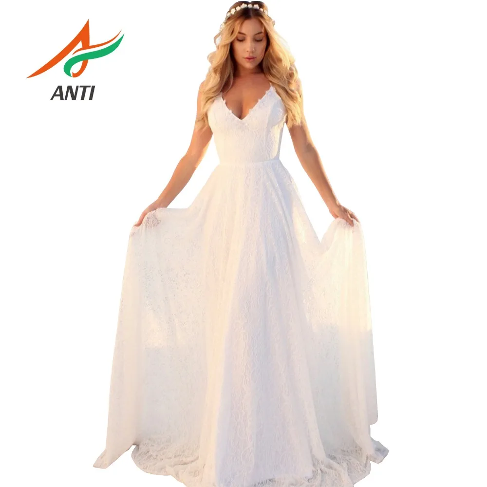 

ANTI 2019 Graceful V-Neck Beach Wedding Dresses Backless Appliqued Long Bridal Gowns Tulle Vestido De Novia Plus Size Custom