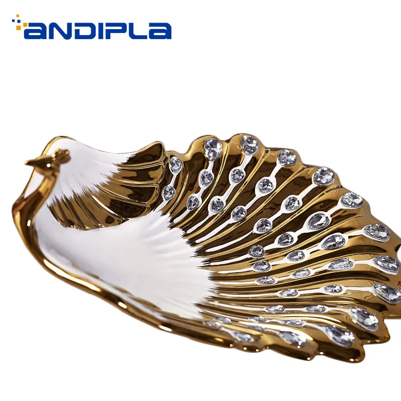 

Luxury Fruit Plate Ceramic Peacock Art Plates Tea Ceremony Decoration Tray Candy Nuts Dish Container Storage Tray Crafts As Gift
