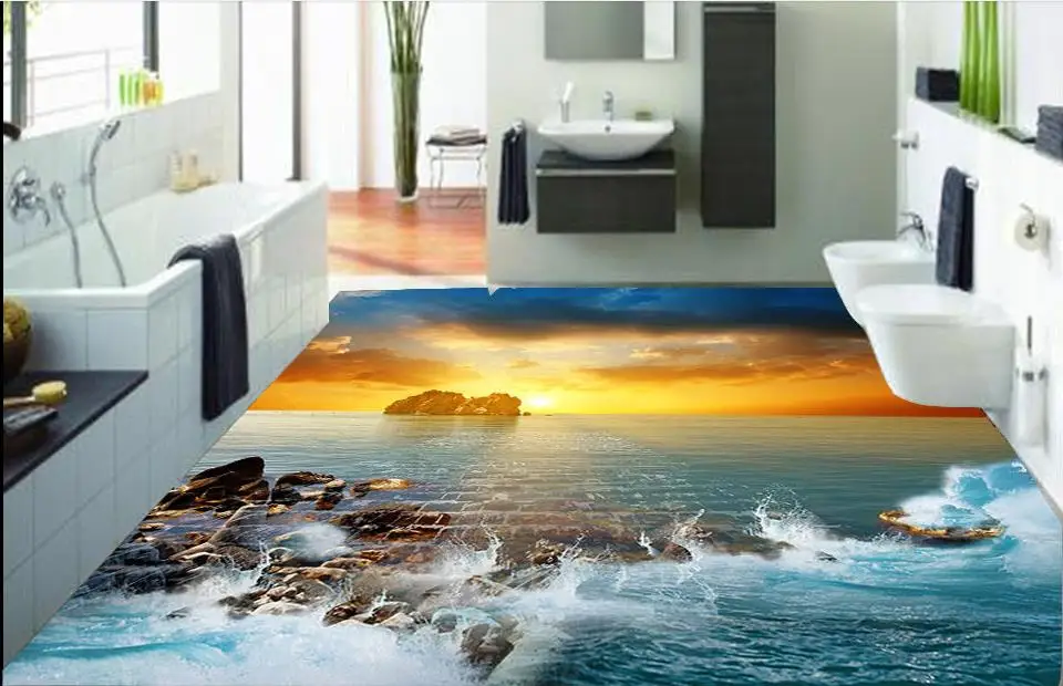 

gorgeous HD 3d flooring Beautiful sunset water 3d floor murals waterproof wallpaper for bathroom 3d floor tiles