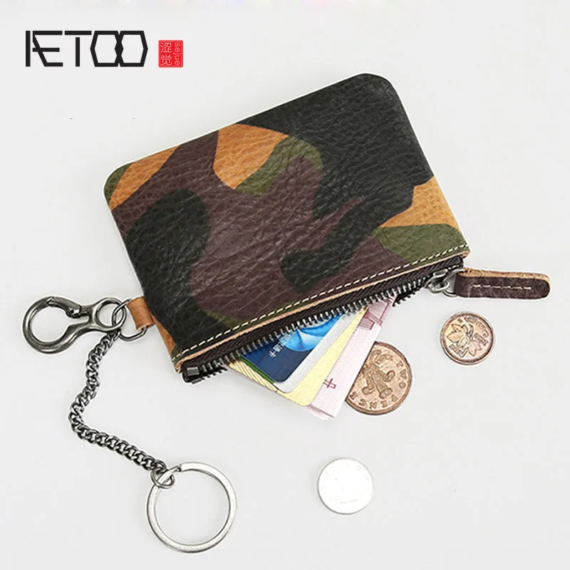 

AETOO Retro men's leather wallet mini coin purse camouflage short zipper purse men's bag waist bag waist hanging