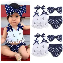 3pcs Baby Girl Clothes Set Baby Anchor Tops+Polka Dots Briefs Summer Outfits Set Sunsuit Costume