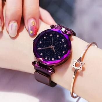 

Luxury Women Watch Fashion Elegant Magnet Buckle Vibrato Purple Ladies Wristwatch Starry Sky Roman Numeral Gift Clock