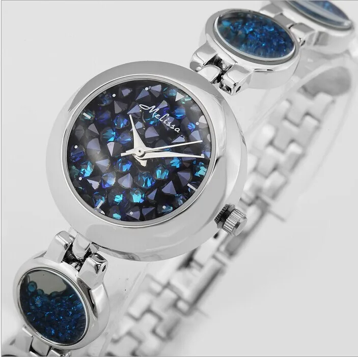 Silver Blue Crystal Vogue, для девушек, прекрасные движущиеся кристаллы, браслет, часы MELISSA, женское платье, наручные часы, маленький размер, кварцевые часы, Reloj Montre Femme, NW2187 - Цвет: Silver Blue Crystal