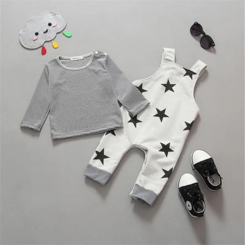 Baby Boys Pants Sets Stripe T-shirt Top Bib Pants Overall Outfits Toddler Girl Boy Clothes New Fashion Boy Casual Suit