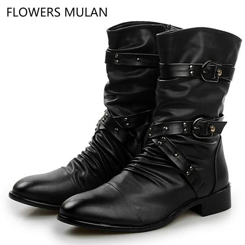 

2018 New Arrival Autumn Winter Fashion Style Cool Men Boots Black Leather Upper Pointed Toe Three Buckle Side Zip Male Shoes