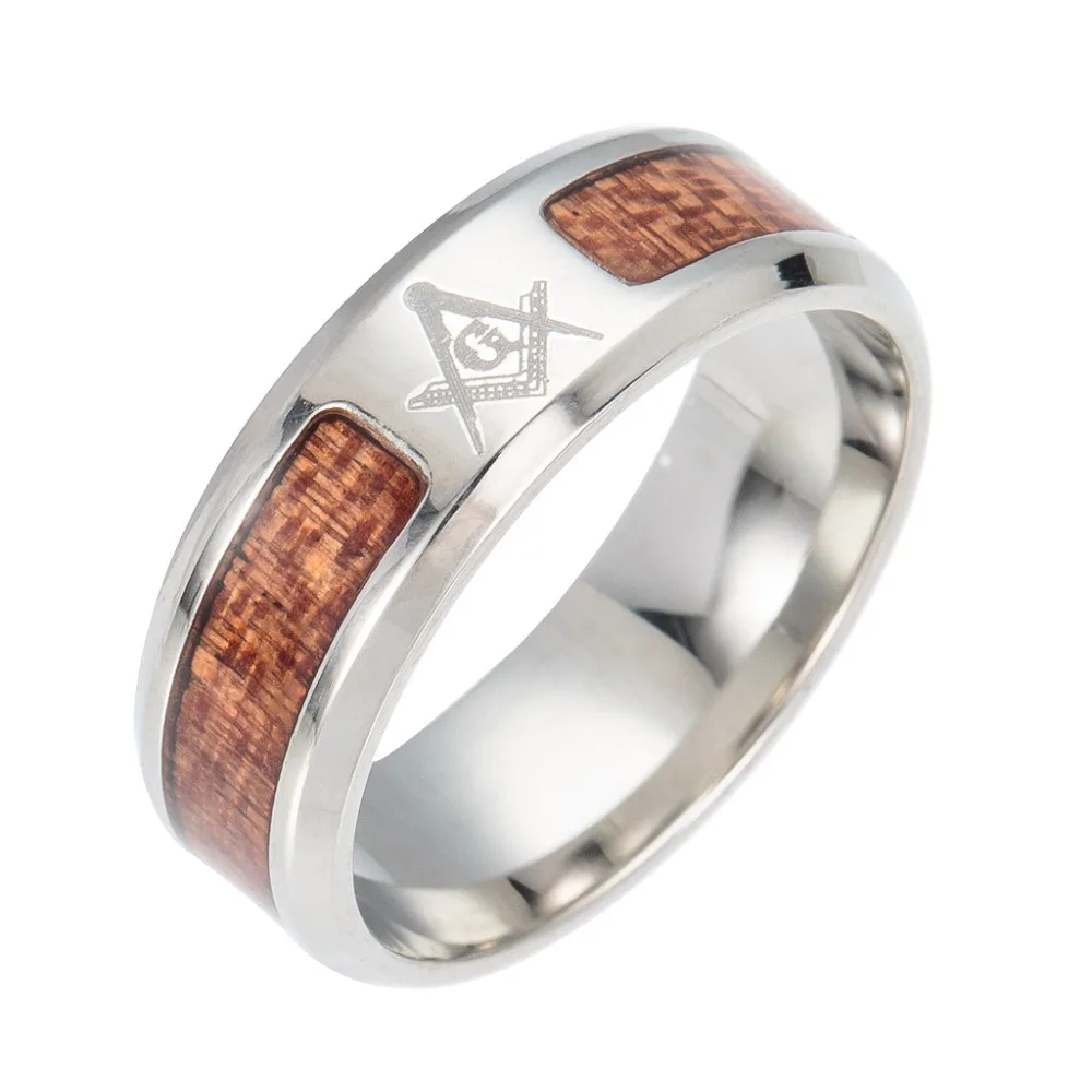 Fashion Wood grain Masonic stainless steel ring for men 8mm Free Mason male naver fade engagement Rings Jewelry Wholesale
