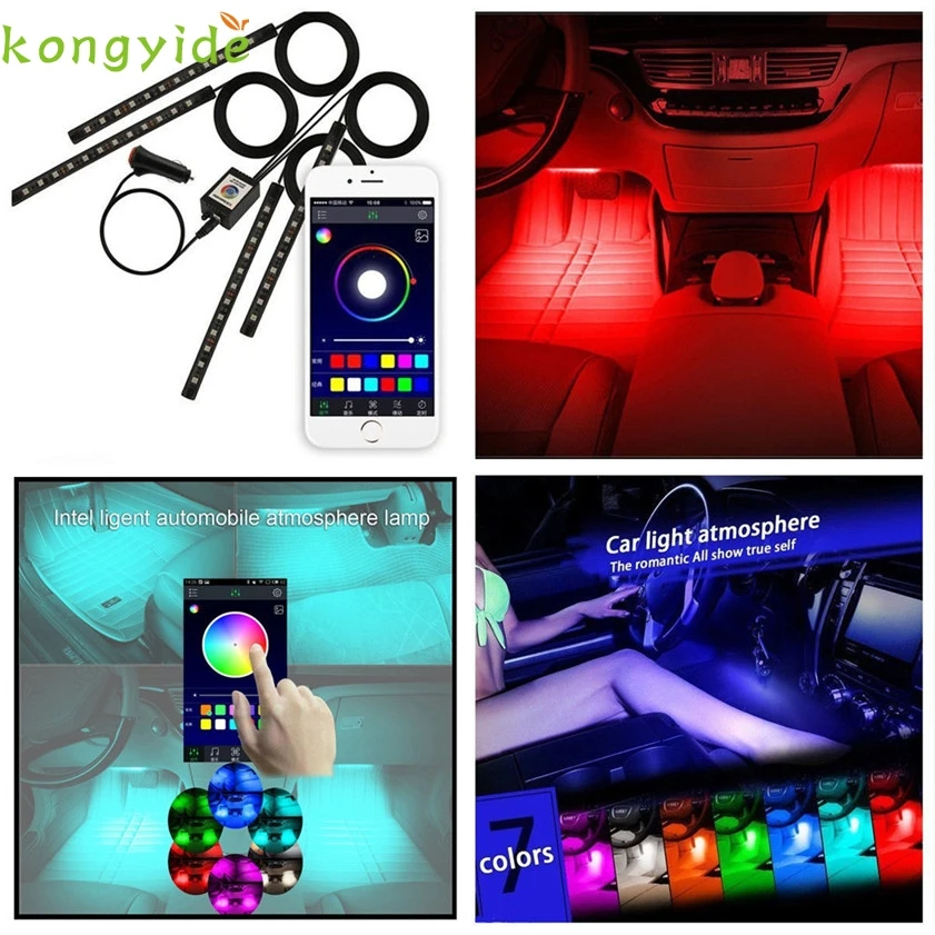 

New 4x 12 LED Car Atmosphere RGB Phone App Music Control Strip Lights Interior Kit car accessories