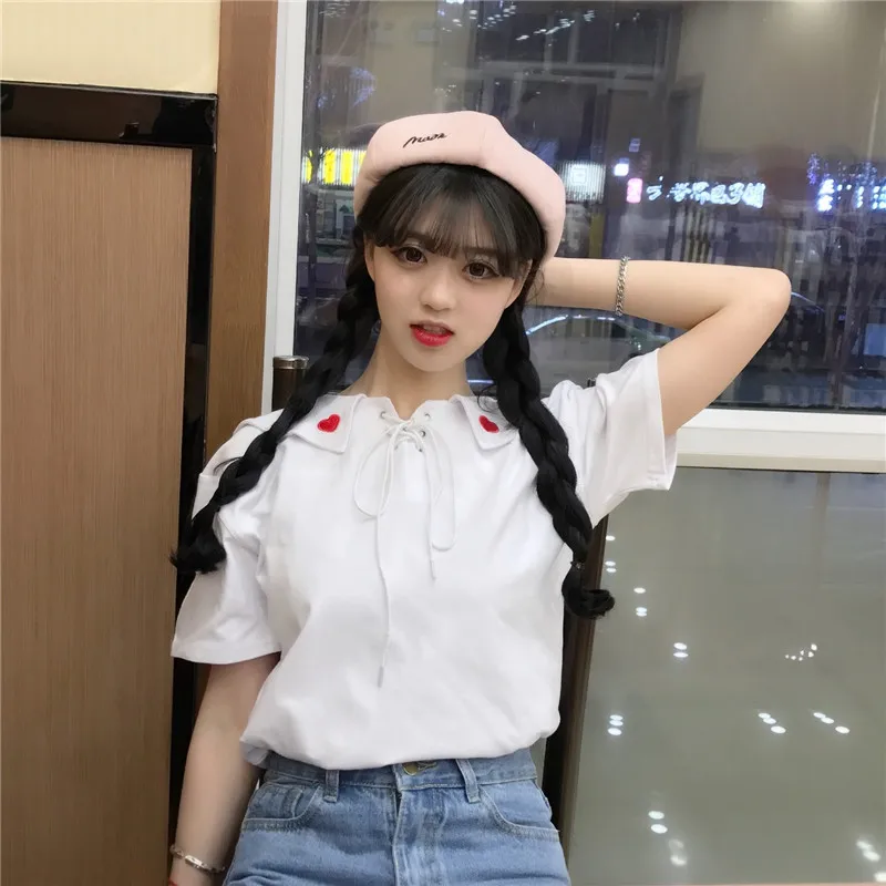 На шнуровке вышивка любовь сердце Сейлор Воротник модная Униформа Kawaii Лолита милая девушка футболка Студенческая футболка корейский женский летний