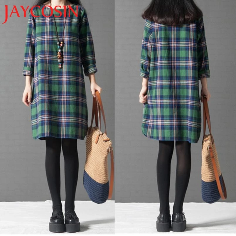JAYCOSIN Newly 2018 Women Stripe Lattice Cotton And Linen Long Sleeves Loose Section Dress dropshipped July 28 | Женская одежда