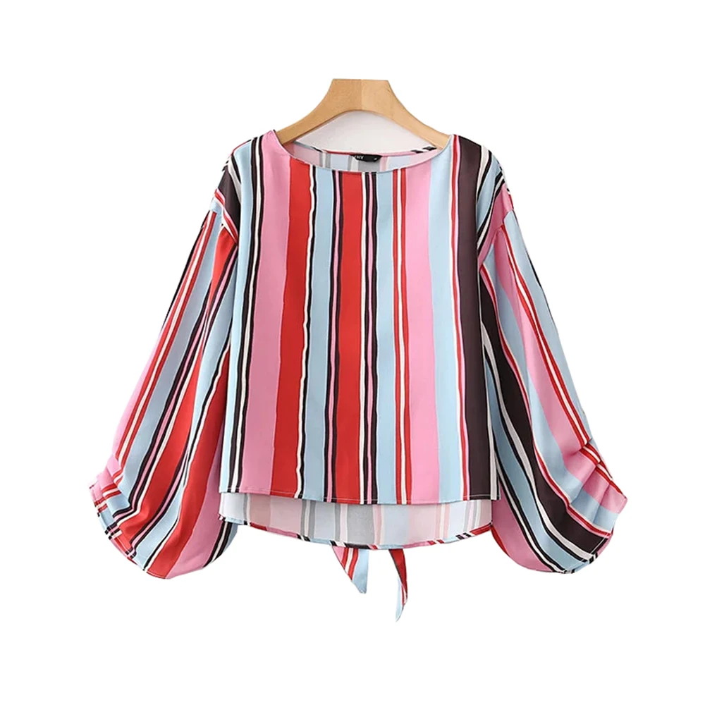 

Klacwaya new women colorful linen blouse shirt 2019 fashion ladies striped belt shirts girls loose summer beach party tops femme