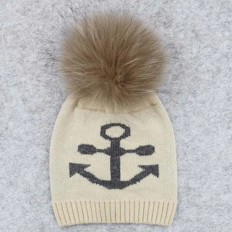 GZHILOVINGL осень зима вязаные шерстяные шапки для женщин девочек Anchor Beanies шапка теплые шапки с натуральной помпон из меха енота - Цвет: Apricot