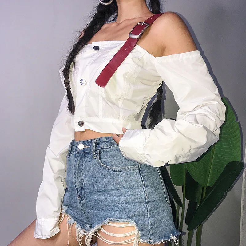 

Gothic Women Crop Tops Casual Sexy Off Shoulder Long Sleeve Slash Neck Cropped T Shirt 2018 Summer White Streetwear T-Shirt