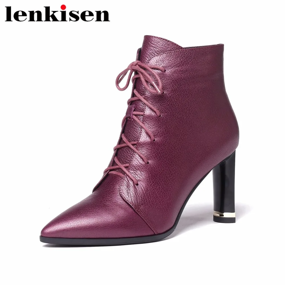 

Lenkisen genuine leather pointed toe strange high heels large size high quality streetwear new fashion women ankle boots L6f3