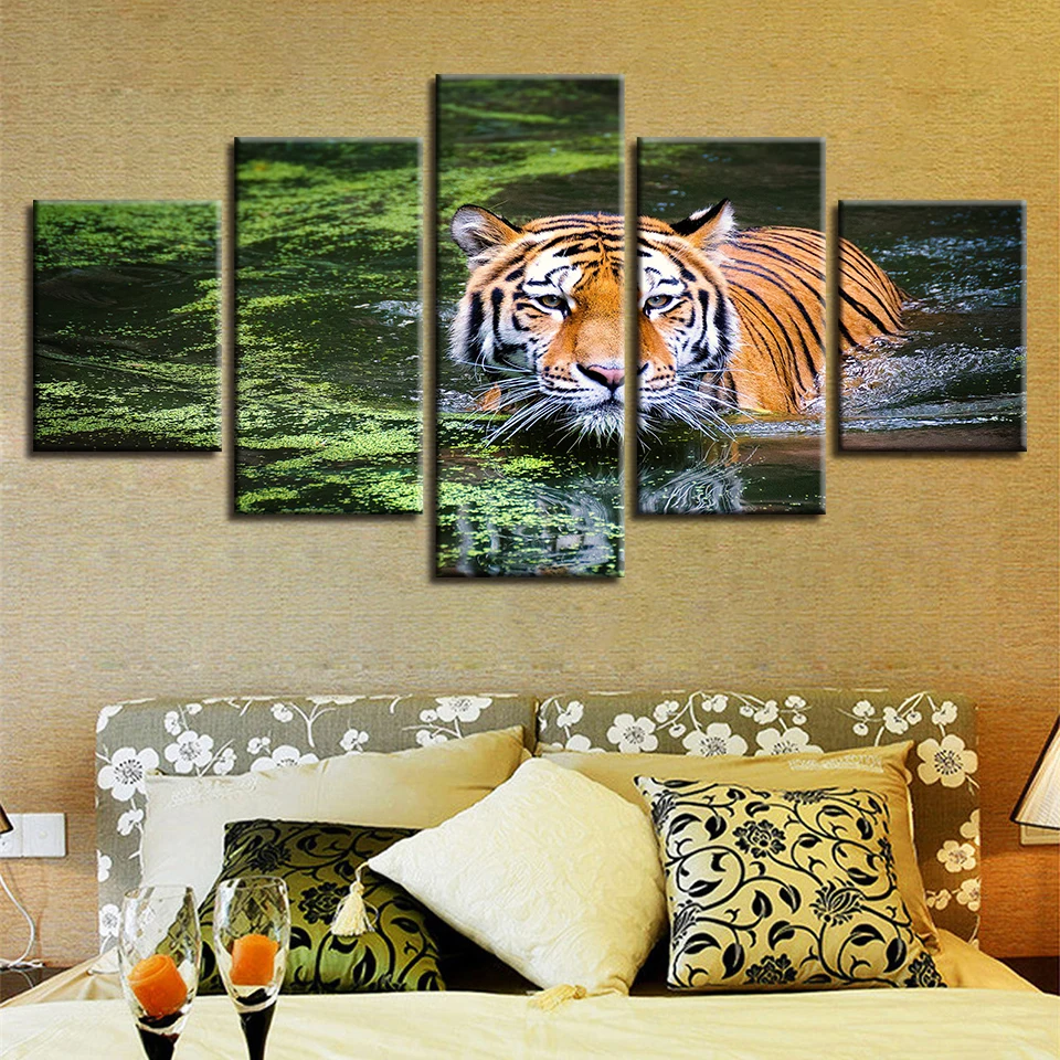 

Artworks Decor Room Canvas Framed 5 Pieces Tiger In The Water Animal Paintings HD Pictures Modular Poster Wall Art Modern Prints