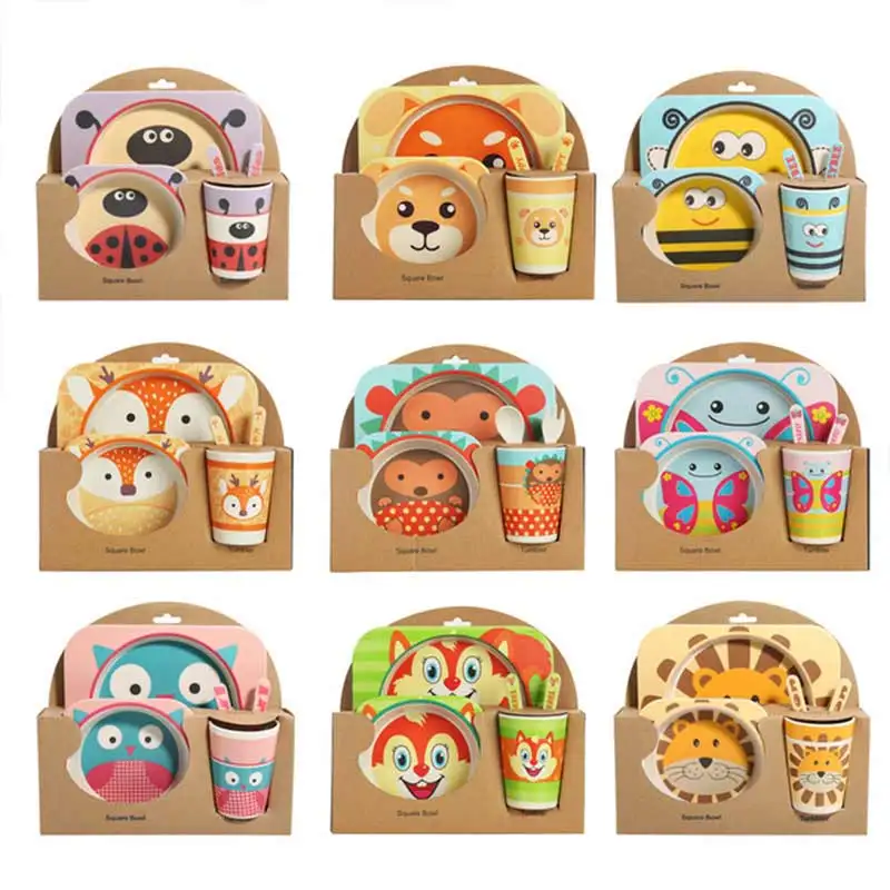 

children cartoon Bamboo fiber dinner plate Spoon Cup 5Pcs/ Creative cartoon rice bowl Baby of gift cutlery