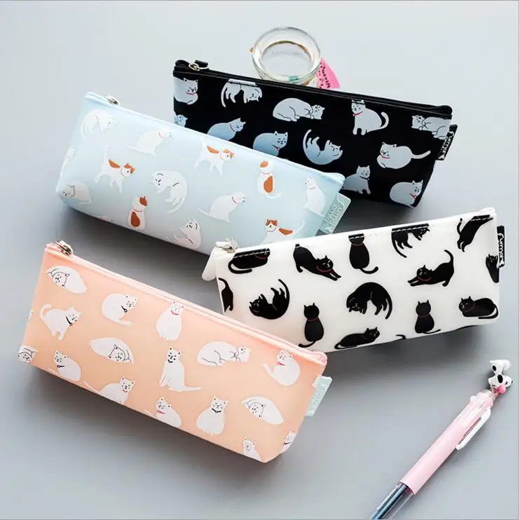 

Sweet Kitten" Pencil Bag Study Case Silicon Zip Around Big Pocket Cute Cats