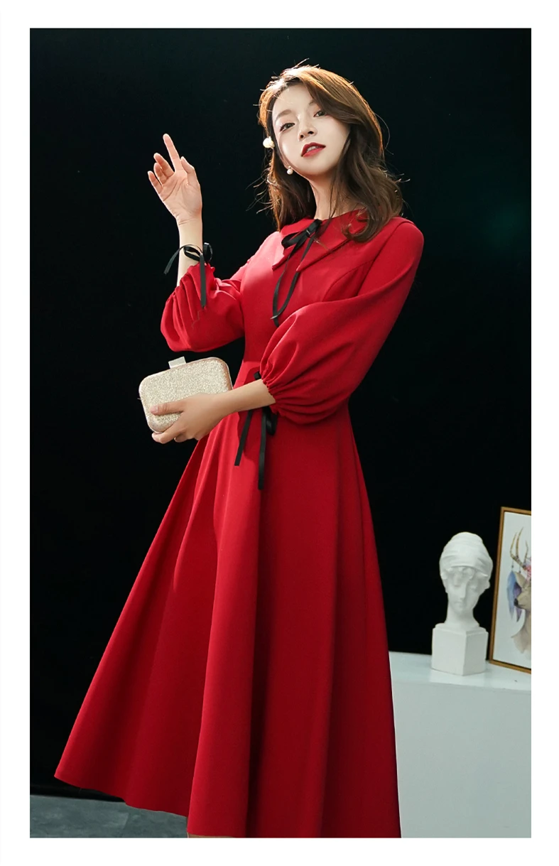 Chinese Style OL Work Wear Red Dress Women Elegant Three Quarter Sleeve Black Bow Tie Turn-down Collar Office Lady Party Dress