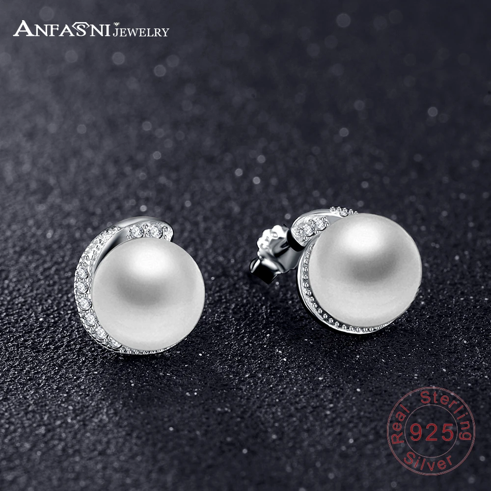 

ANFASNI Natural 925 Sterling Silver Freshwater Pearl Stud Earring Clear Cubic Zirconia Earring For Women Party Gifts PSER0087-B