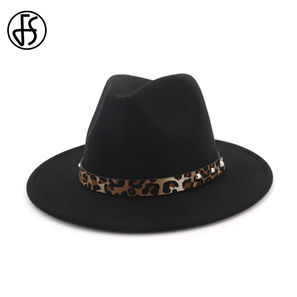 

FS Leopard Belt Wide Brim Fedora Vintage Hat For Women Elegant Classic Men Formal Jazz Cap Cotton Royal Blue Sombrero Hombre