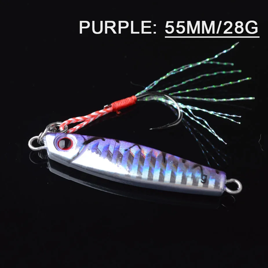 purple 55mm 28g TOMA 1 шт./лот, мини-джиг, медленный шаг, приманка для джига, 7 г, 14 г, 28 г, 40 г, длинный литой металлический рыболовный джиг, Тонущая Морская Рыбалка снасти - Цвет: purple 55mm 28g