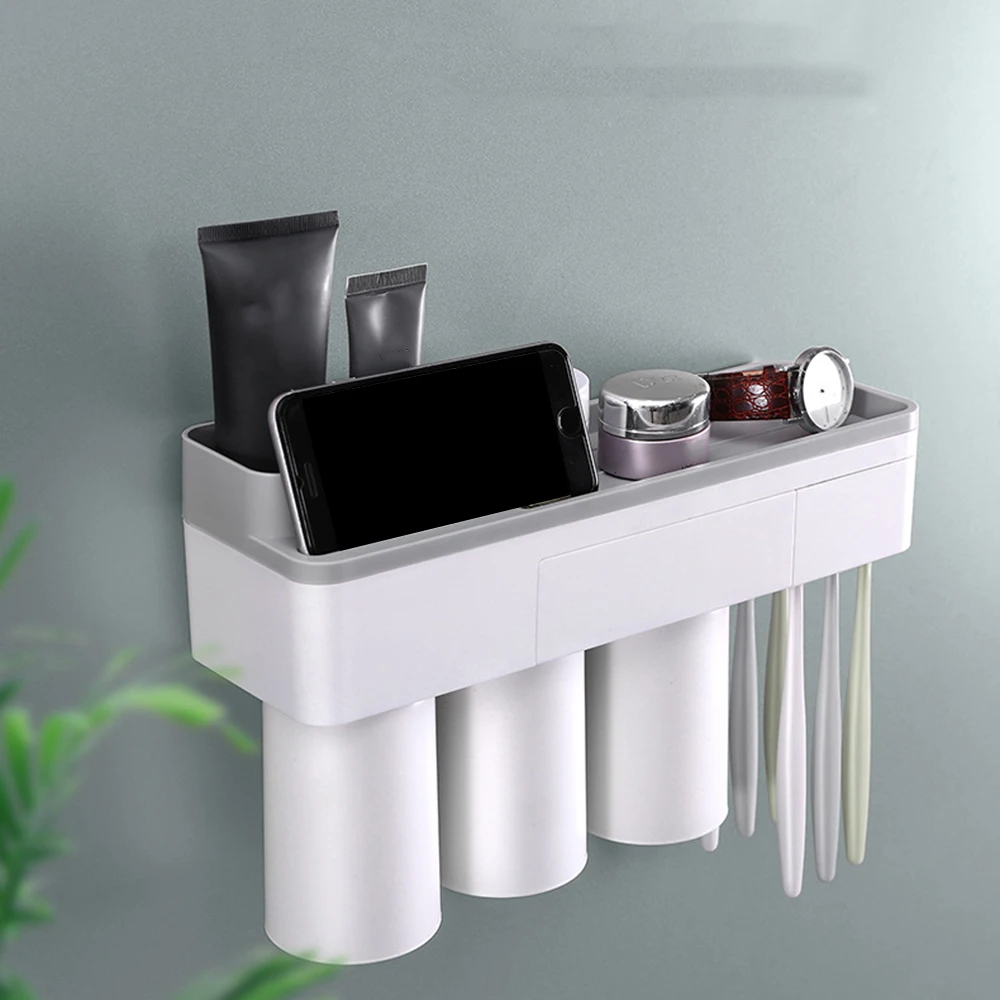 Toothpaste Toothbrush Holder Magnetic Cup Shelf Storage Rack Bathroom Wall Mount Stand