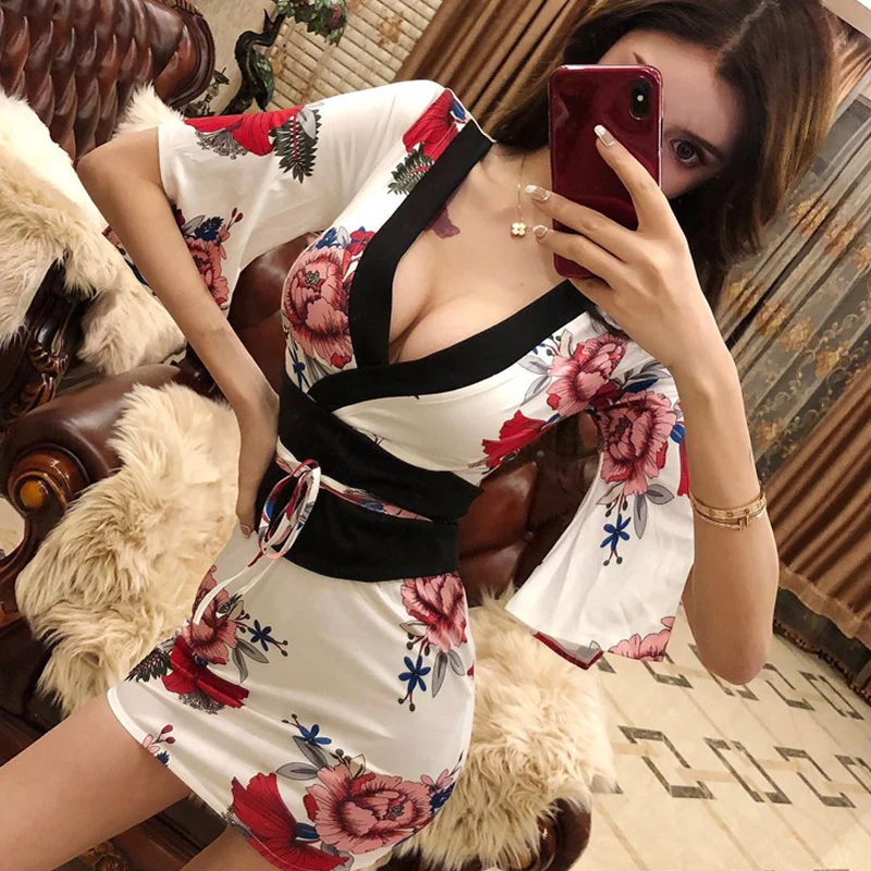 Короткое Стильное женское сексуальное японское платье, традиционное кимоно юката, ночное платье, одежда для сна, женский купальный халат, цветочное атласное платье