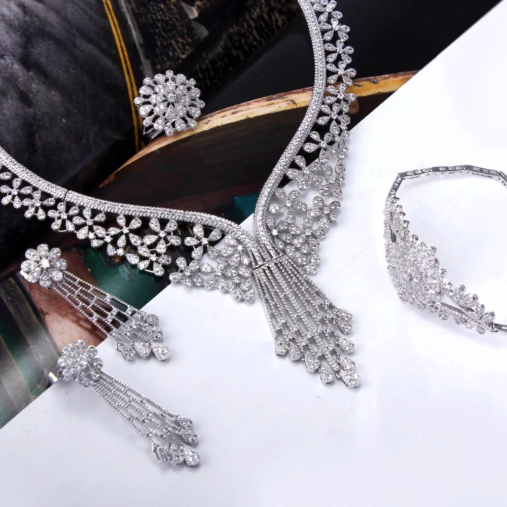 

High-end Jewelry Supplier Luxury Bride Accessories Long Big Necklace Drop earrings Flower design CZ Trendy Bridal jewelry sets