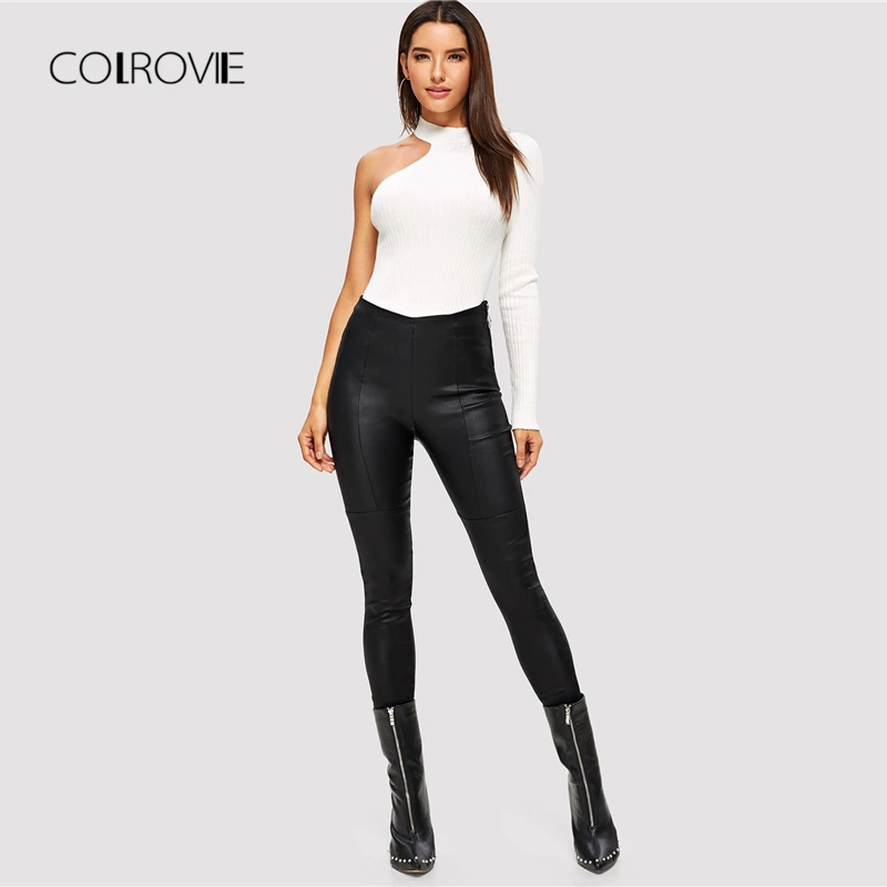 COLROVIE, черные обтягивающие кожаные брюки из искусственной кожи, офисные женские брюки с высокой талией, женская одежда, Осенние эластичные женские брюки-карандаш