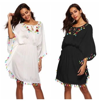 

2018 Bikini cover up Rayon Embroidery Beach Cover ups kaftan beach Saidas De Praia white bikinis pareos para playa robe de plage