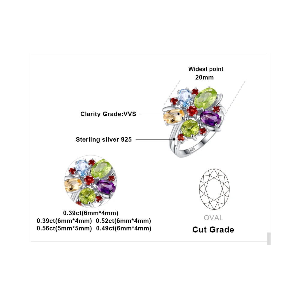 Jewelrypalace Цветок многоцветный 3.1ct Природный аметист гранат перидот цитрин голубой топаз коктейльное кольцо 925 серебряное кольцо