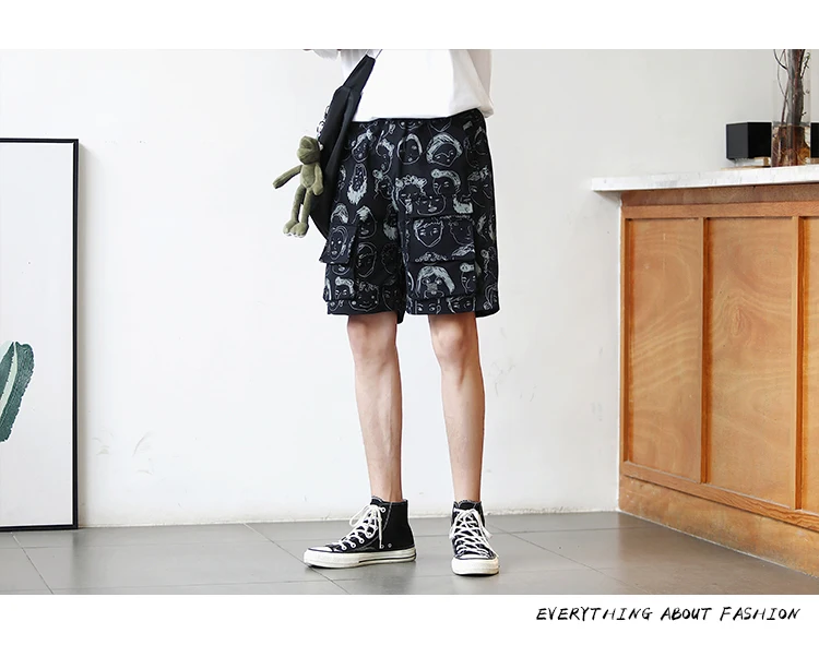 Summer New Original Cotton Couple Tooling Cartoon Print Student Leisure Element Solid Color Loose Large Size Shorts M-XL