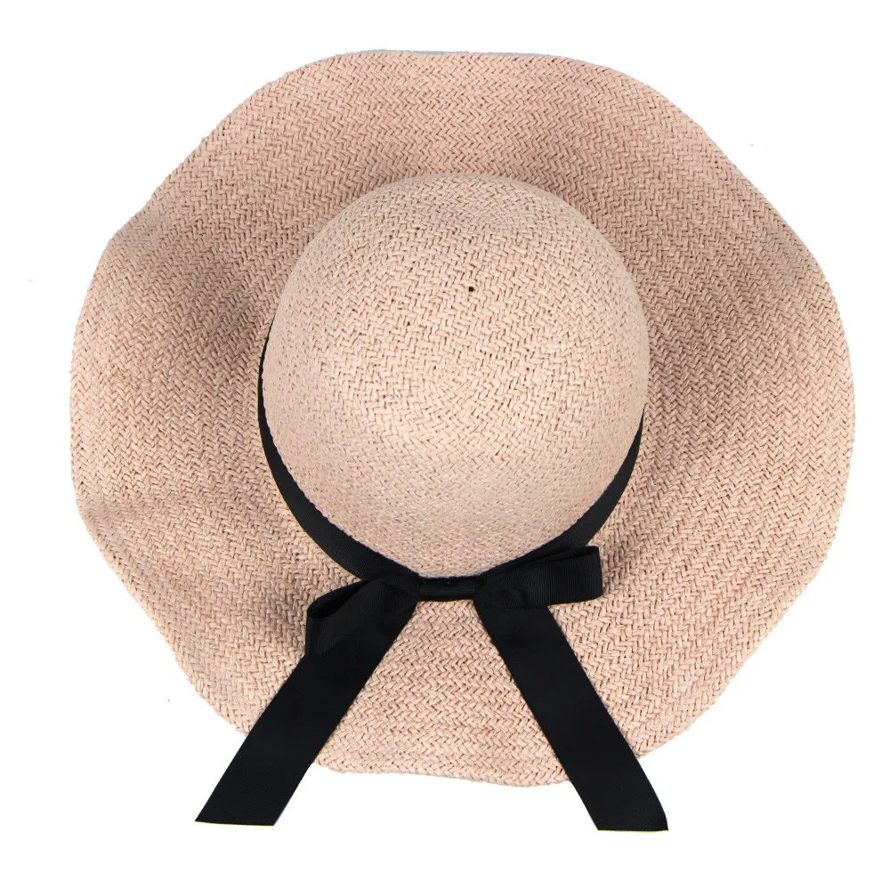 Wavy Brim Sun Straw Hat Lady Sun cap Bowknot Ruffle Foldable Sunshade Handmade casual simple elegant Fashion Straw Hat Y704 - Цвет: PK