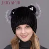 JERYAFUR Winter Women's Mink Hat Vertical Weaving Hat Genuine Natural Fox Mink Fur Cap Lovely Cat Ears Style Hats 1
