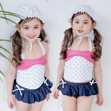 Купальник для девочек летние Seasides Двойка бантом ванный комплект Детские пляжные купальники и плавание Кепки