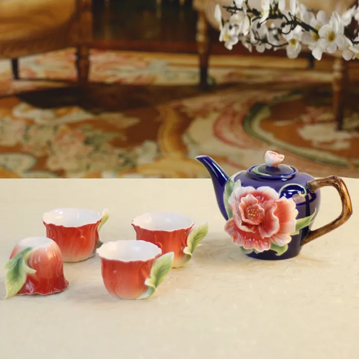 1 pot and 6 cups Эмалированный чайник чашки чайный набор с подносом Кунг фу чайник кружки gaiwan костяного фарфора творческий посуда для напитков - Цвет: 1 pot and 6 cups