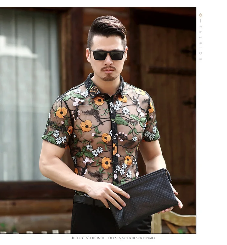 Цветок Кружевная рубашка вышивка See Through Рубашка Для мужчин Chemise Homme Marque Luxe сетки выдалбливают летняя футболка с коротким рукавом