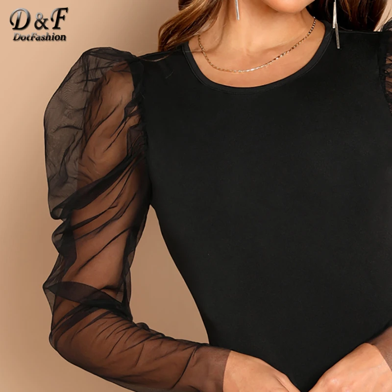 Dotfashion, черный сетчатый сексуальный женский боди с рукавом Gigot, весна-осень, повседневная одежда, обтягивающие ночные боди с длинным рукавом