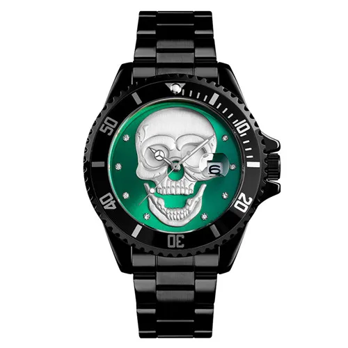 black green Креативные мужские кварцевые часы с рисунком черепа, водонепроницаемые мужские наручные часы из нержавеющей стали, мужские часы Relogio Masculino 9195 - Цвет: black green