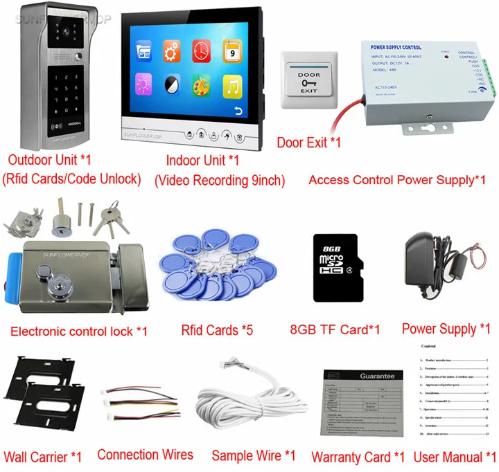 Rfid пароль видео дверной звонок 8 ГБ TF карта видео запись 9 "цветной монитор видео домофона с электронным дверным замком