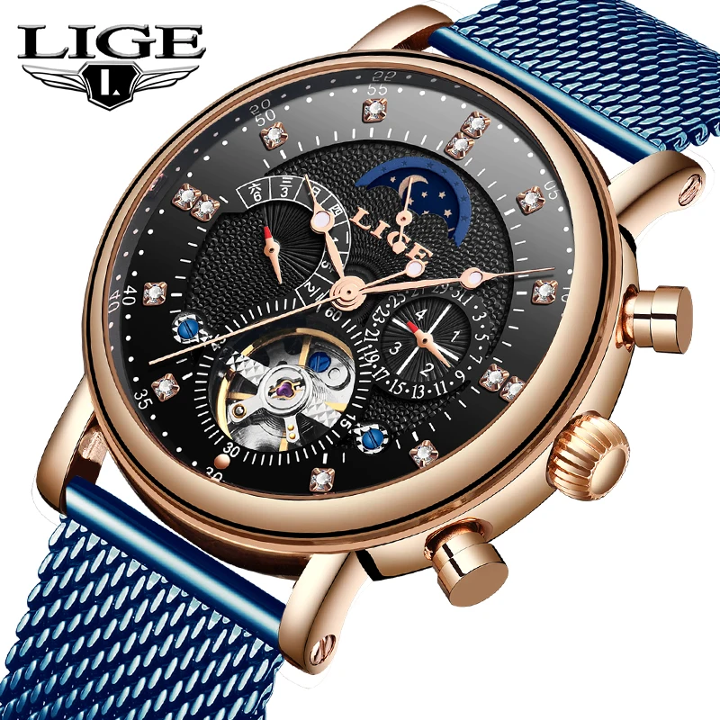 

LIGE Top brand luxury Mens Automatic Watch Mesh Belt Waterproof Mechanical Watch Mens Tourbillon Sport Watches Relogio Masculino