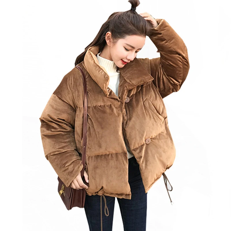 Khaki Женские модные новые осенние зимние свободные парки повседневные велюровые короткие стеганый ватник со стоячим воротником толстые теплые женские пальто TGH180 - Цвет: Khaki