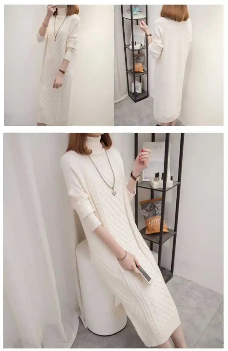 New Fashion Autumn Winter Women Knitting Middle Long Dresses Female Turtleneck Long Sleeve Warm Thick Dresses Pullovers F15