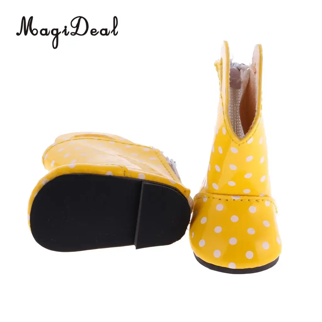 MagiDeal 1 Pair PU Leather Yellow Dots Zipper Back Boots Shoes for 18 Inch   Dolls Baby Outdoor Rain Wear Accs