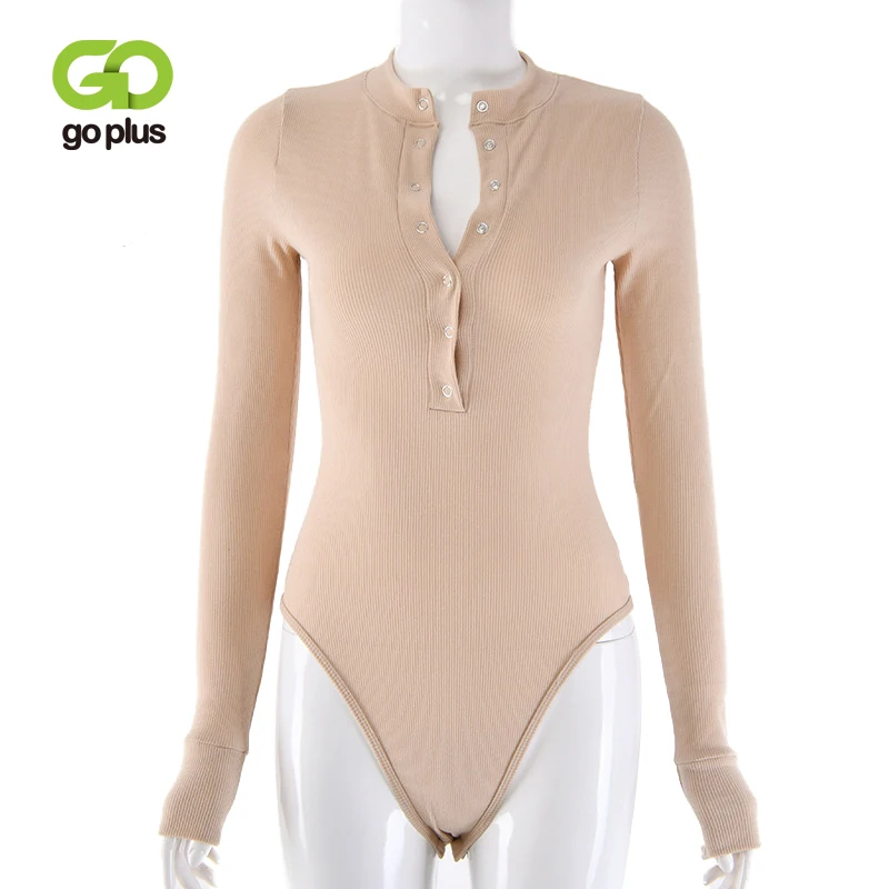 

GOPLUS V-neck Knitted Bodysuit Womens Sexy Long Sleeve Buttons Spring Autumn One-pieces Bodysuits Woman Causual Rompers C7477