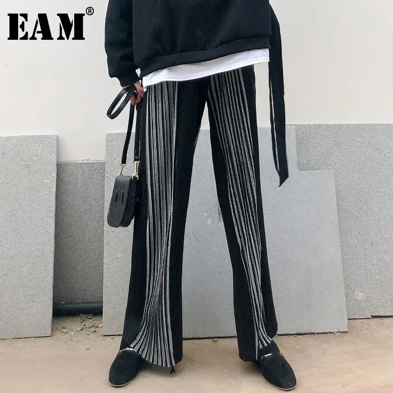 

[EAM] 2019 New Autumn Winter High Elastic Waist Black Pleated Stitch Loose Wide Leg Pants Women Trousers Fashion Tide JL955