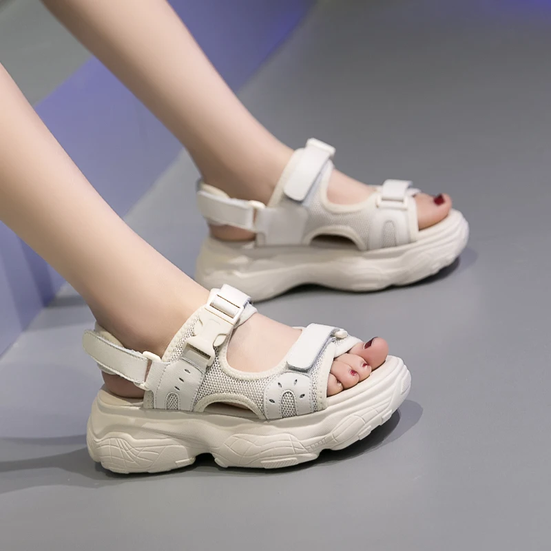 

Women's Sandals 2019 Summer Muffin Thick Bottom Fish Mouth Sports Sandals With Breathable Mesh Leather Casual Shoes Women