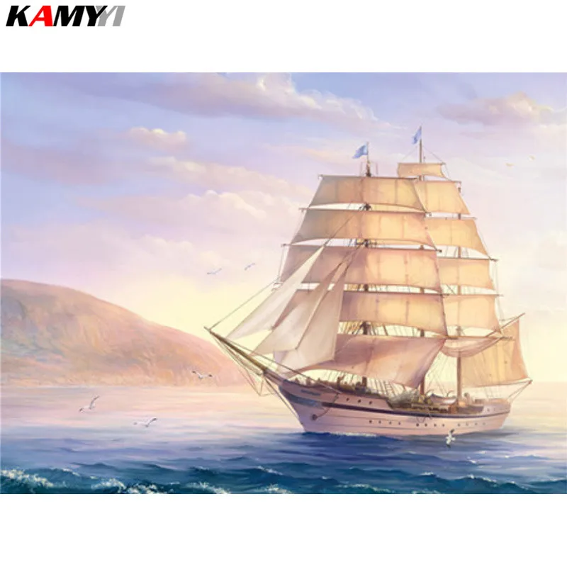 5D DIY Алмазная мозаика картина парусник на море бисер наборы для вышивки крестом Алмазная вышивка картина с кораблем Стразы домашний декор - Цвет: Белый
