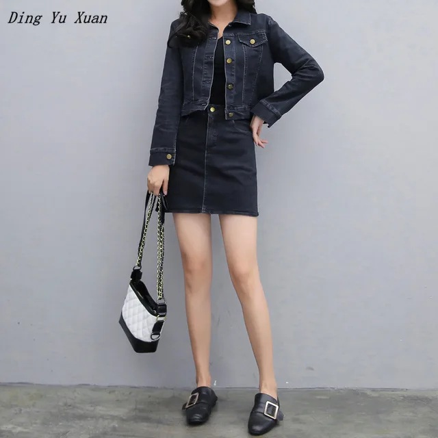 Black Casual Short Denim Jacket with Jean Skirt Autumn Spring Women Jeans Jacket Long Sleeve Streetwear Plus Size Skirt Suit 5XL