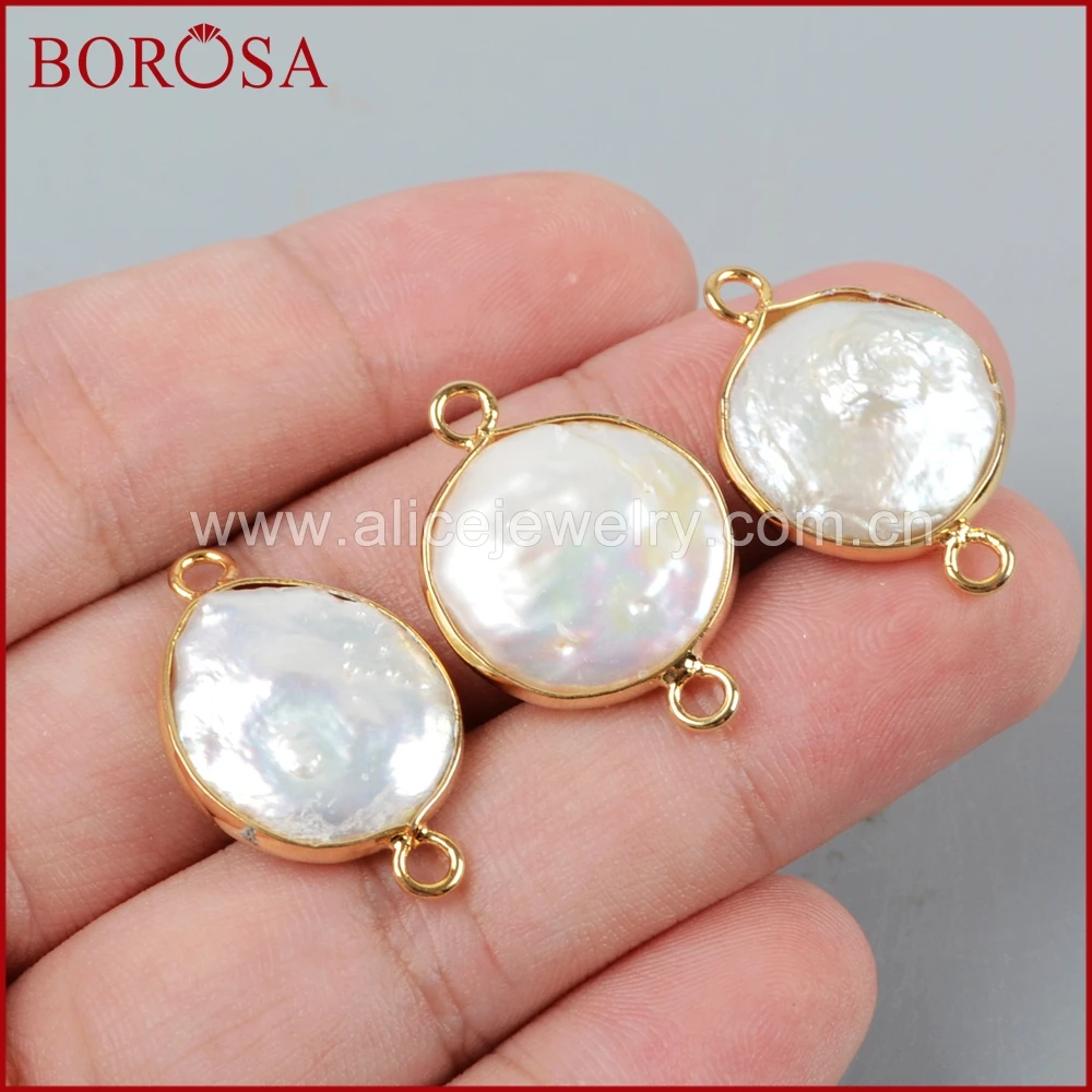 

BOROSA Gold Color Round Natural Pearl Connector for Bracelets,Freshwater Pearl Bead Druzy Connector, for Jewelry Making G1405